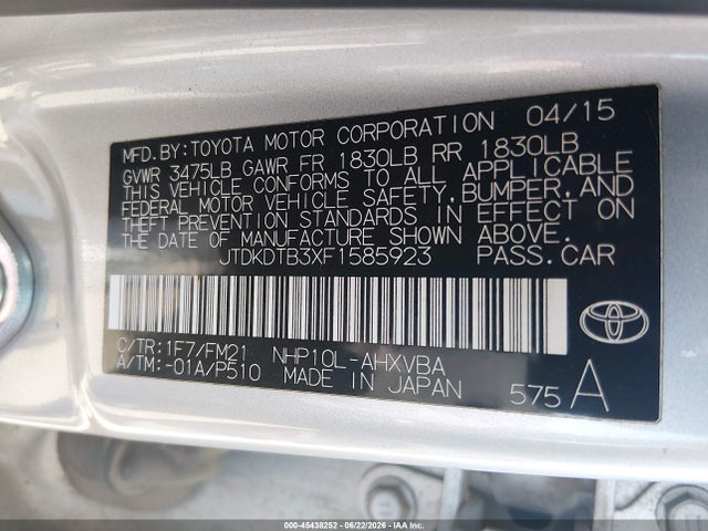 2015 Toyota Prius C Two მანქანა იყიდება აუქციონზე, vin: JTDKDTB3XF1585923, აუქციონის ნომერი: 45438252