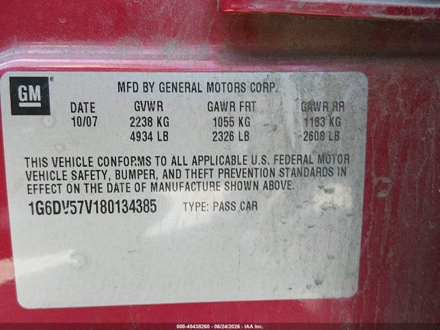 2008 Cadillac Cts Standard მანქანა იყიდება აუქციონზე, vin: 1G6DV57V180134385, აუქციონის ნომერი: 45438260