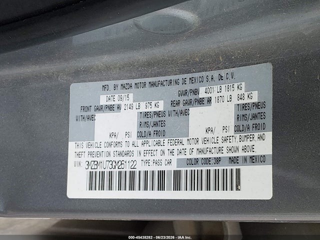 45438282 :رقم المزاد ، 3MZBM1U73GM261122 vin ، 2016 Mazda Mazda3 I Sport مزاد بيع