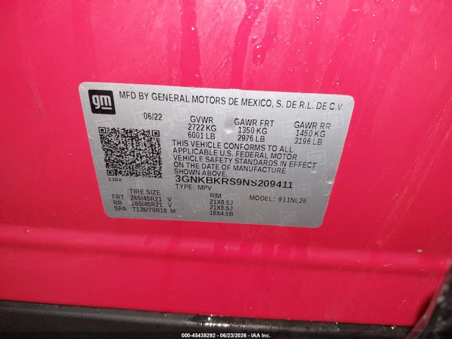 45438292 :رقم المزاد ، 3GNKBKRS9NS209411 vin ، 2022 Chevrolet Blazer Awd Rs مزاد بيع