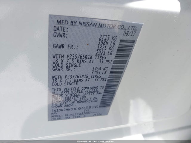 Aukcja sprzedaży 2018 Nissan Pathfinder Sv, vin: 5N1DR2MN8JC603976, numer aukcji: 45438295