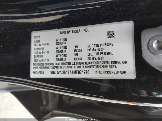 Tesla Model 3 Standard Range Plus Rear-wheel Drive 2021 5YJ3E1EA1MF074976 Image 9
