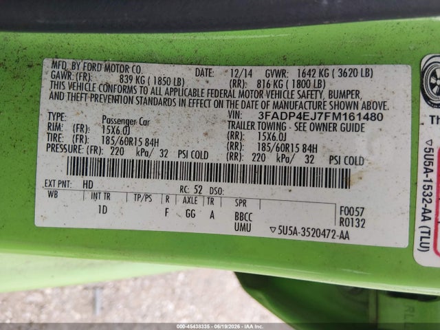 45438335 :رقم المزاد ، 3FADP4EJ7FM161480 vin ، 2015 Ford Fiesta Se مزاد بيع