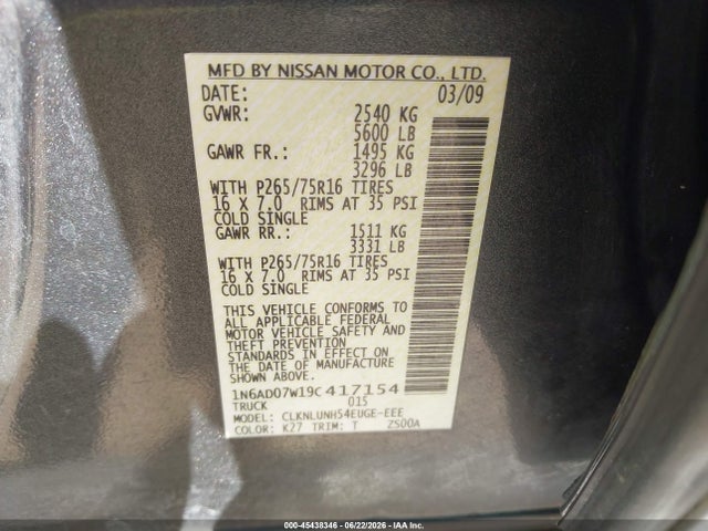 Продажа на аукционе авто 2009 Nissan Frontier Pro-4x, vin: 1N6AD07W19C417154, номер лота: 45438346