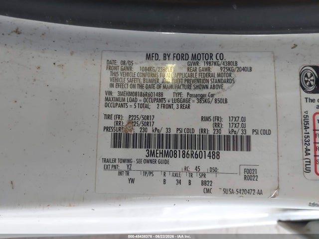 Aukcja sprzedaży 2006 Mercury Milan V6 Premier, vin: 3MEHM08186R601488, numer aukcji: 45438378