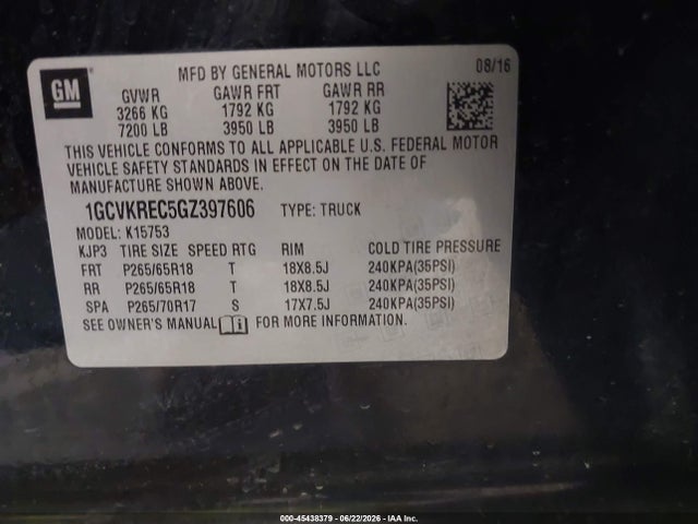 Aukcja sprzedaży 2016 Chevrolet Silverado 1500 2lt, vin: 1GCVKREC5GZ397606, numer aukcji: 45438379