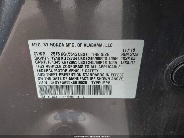 Продажа на аукционе авто 2019 Honda Pilot Ex-l, vin: 5FNYF5H55KB019520, номер лота: 45438396