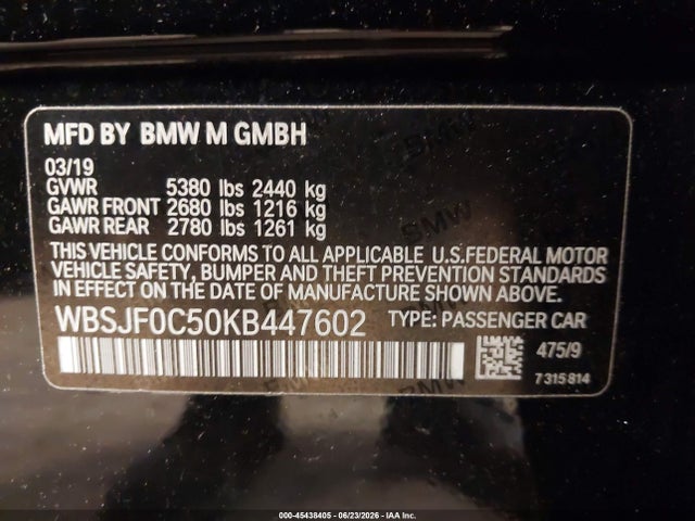 2019 Bmw M5 Competition მანქანა იყიდება აუქციონზე, vin: WBSJF0C50KB447602, აუქციონის ნომერი: 45438405