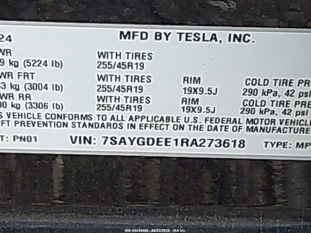 Aukcja sprzedaży 2024 Tesla Model Y Long Range Dual Motor All-wheel Drive, vin: 7SAYGDEE1RA273618, numer aukcji: 45438406