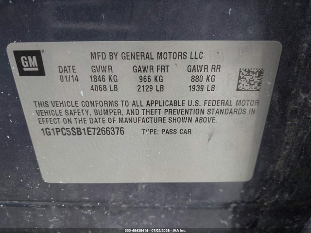 45438414 :رقم المزاد ، 1G1PC5SB1E7266376 vin ، 2014 Chevrolet Cruze 1lt Auto مزاد بيع