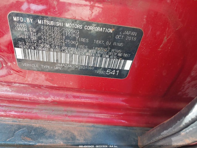 2019 Mitsubishi Outlander Sel მანქანა იყიდება აუქციონზე, vin: JA4AZ3A30KZ021069, აუქციონის ნომერი: 45438428