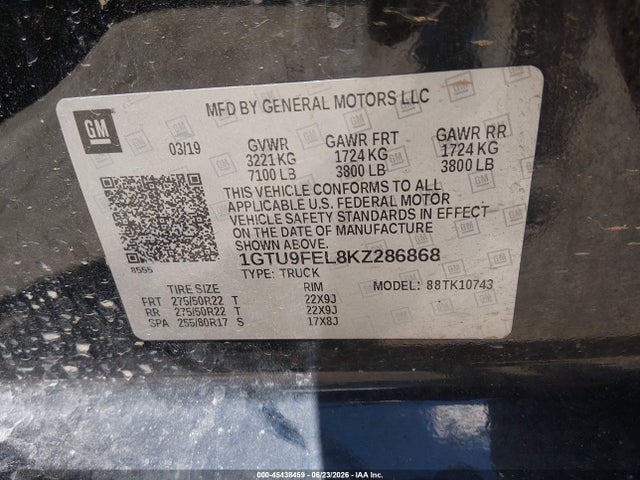 45438459 :رقم المزاد ، 1GTU9FEL8KZ286868 vin ، 2019 Gmc Sierra 1500 Denali مزاد بيع