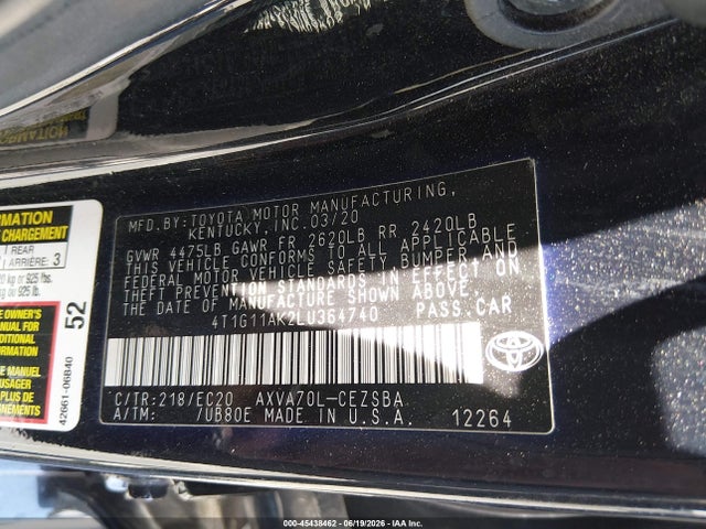 Продажа на аукционе авто 2020 Toyota Camry Se Nightshade Edition, vin: 4T1G11AK2LU364740, номер лота: 45438462
