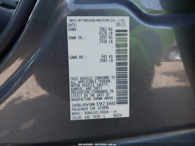 1N4BL4DV1MN397360 Nissan Altima Sv Fwd