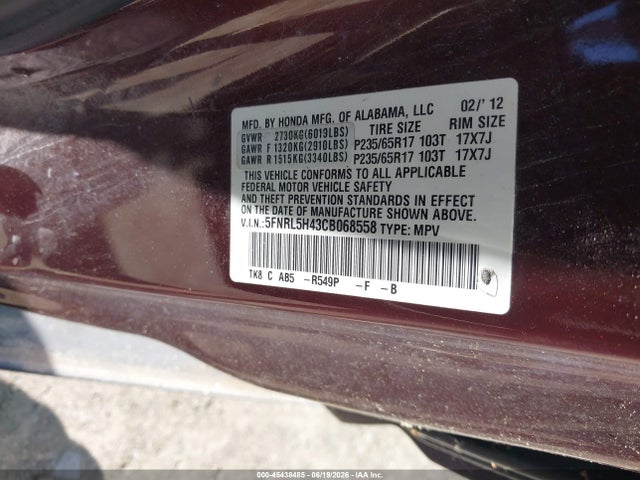Auction sale of the 2012 Honda Odyssey Ex, vin: 5FNRL5H43CB068558, lot number: 45438485