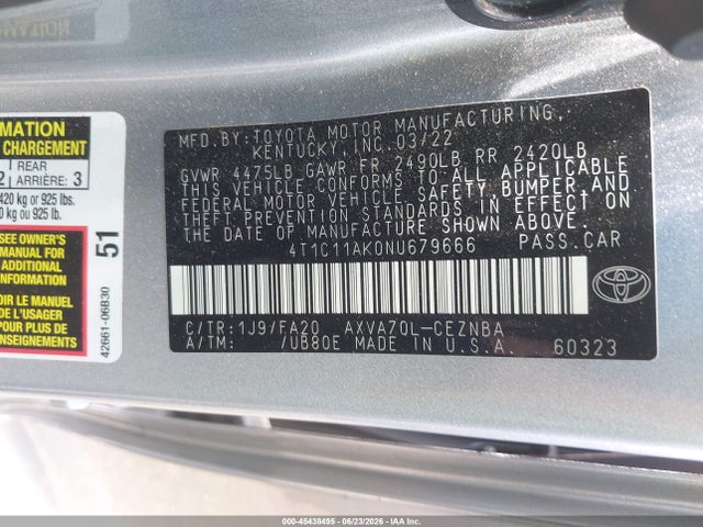 Toyota CAMRY LE 2022 4T1C11AK0NU679666 Image 9