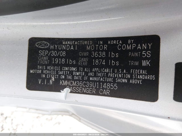Aukcja sprzedaży 2009 Hyundai Accent Gs, vin: KMHCM36C39U114855, numer aukcji: 45438521