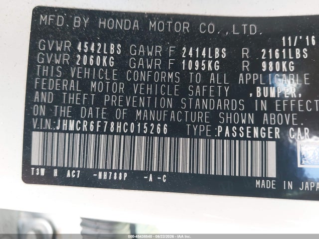 JHMCR6F78HC015266 Honda Accord Hybrid Touring