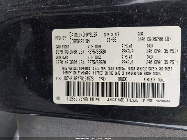 45438541 :رقم المزاد ، 1D7HA18P47S154576 vin ، 2007 Dodge Ram 1500 Slt مزاد بيع