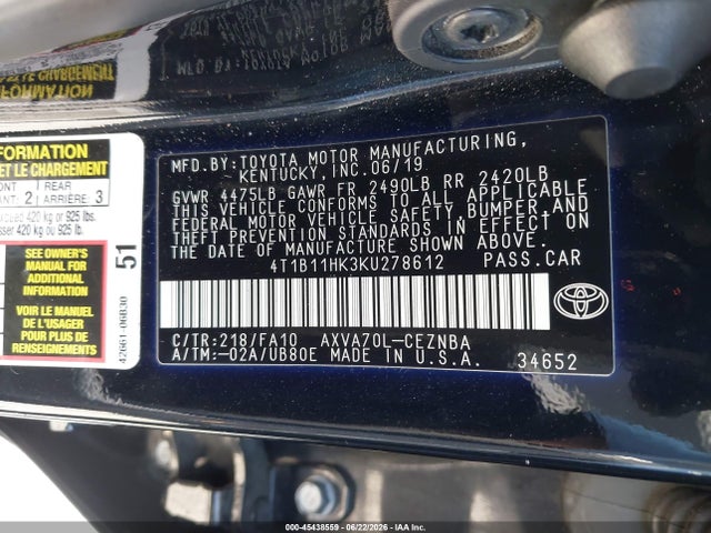4T1B11HK3KU278612 Toyota CAMRY LE