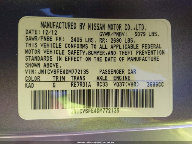 2013 Infiniti G37 მანქანა იყიდება აუქციონზე, vin: JN1CV6FE4DM772135, აუქციონის ნომერი: 45438585