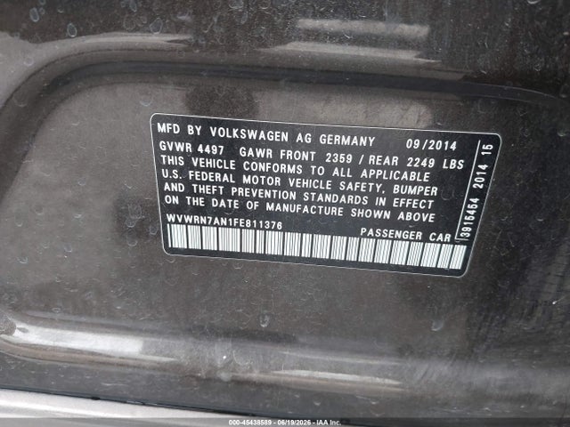 2015 Volkswagen Cc 2.0t Executive მანქანა იყიდება აუქციონზე, vin: WVWRN7AN1FE811376, აუქციონის ნომერი: 45438589
