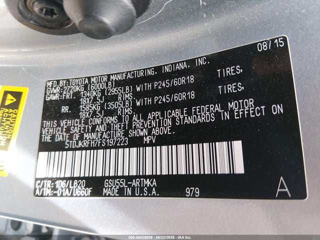 Toyota Highlander Xle V6 2015 5TDJKRFH7FS197223 Image 9