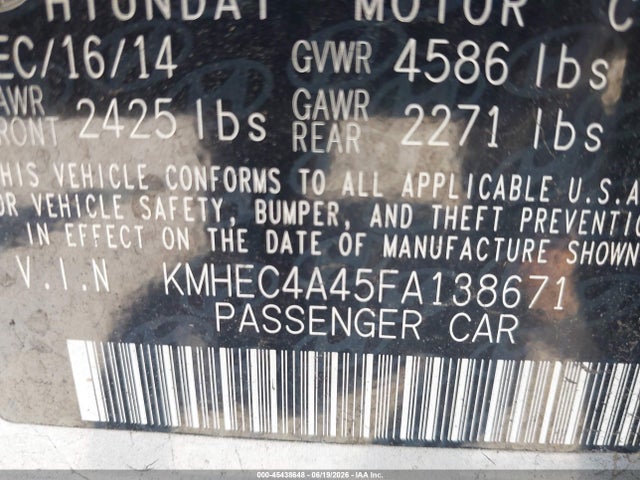 Auction sale of the 2015 Hyundai Sonata Hybrid, vin: KMHEC4A45FA138671, lot number: 45438648