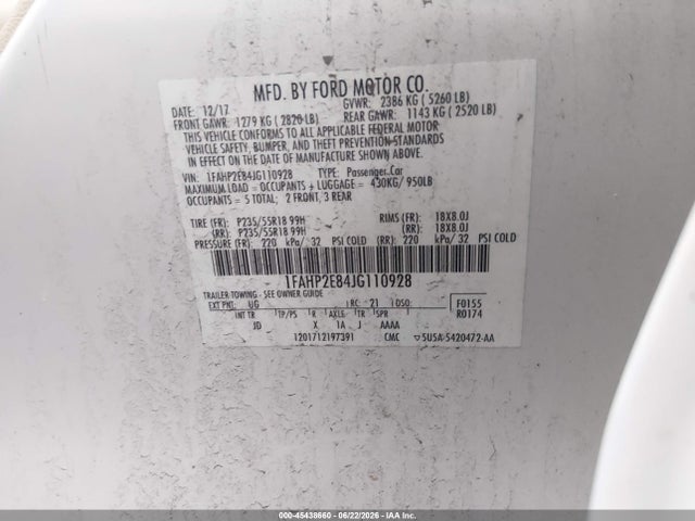 Aukcja sprzedaży 2018 Ford Taurus Sel, vin: 1FAHP2E84JG110928, numer aukcji: 45438660