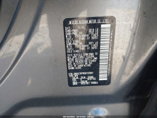 JN8AE2KP8G9152601 Nissan Quest Platinum/s/sl/sv