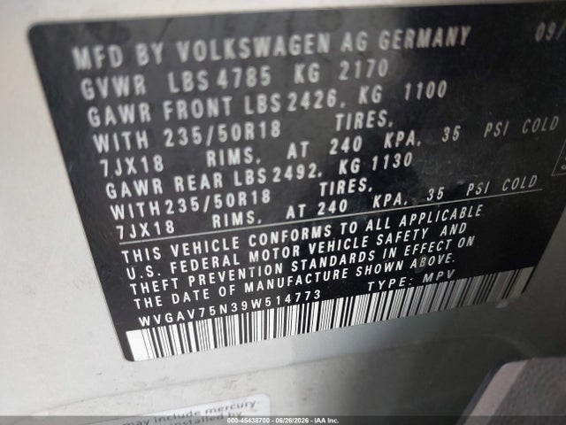 Продажа на аукционе авто 2009 Volkswagen Tiguan S/se/sel, vin: WVGAV75N39W514773, номер лота: 45438700