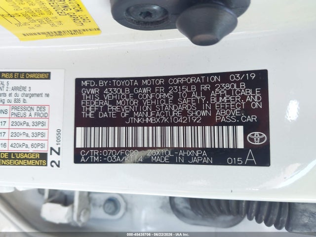 Aukcja sprzedaży 2019 Toyota C-hr Le, vin: JTNKHMBX7K1042192, numer aukcji: 45438706