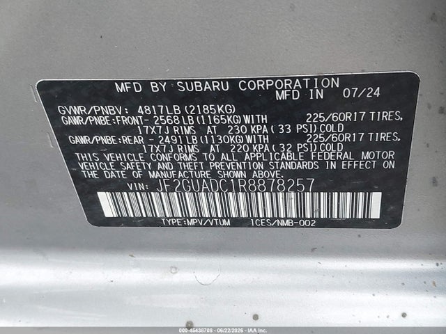 2024 Subaru Crosstrek Premium მანქანა იყიდება აუქციონზე, vin: JF2GUADC1R8878257, აუქციონის ნომერი: 45438708