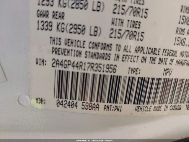 45438720 :رقم المزاد ، 2A4GP44R17R351956 vin ، 2007 Chrysler Town & Country Lx مزاد بيع