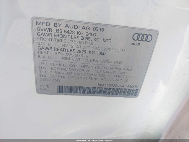 45438728 :رقم المزاد ، WA1L2AFP7GA149005 vin ، 2016 Audi Q5 2.0t Premium مزاد بيع
