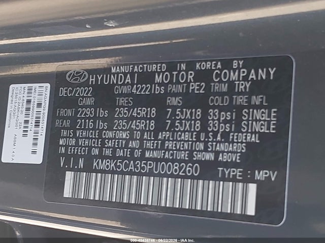 Aukcja sprzedaży 2023 Hyundai Kona Limited, vin: KM8K5CA35PU008260, numer aukcji: 45438746