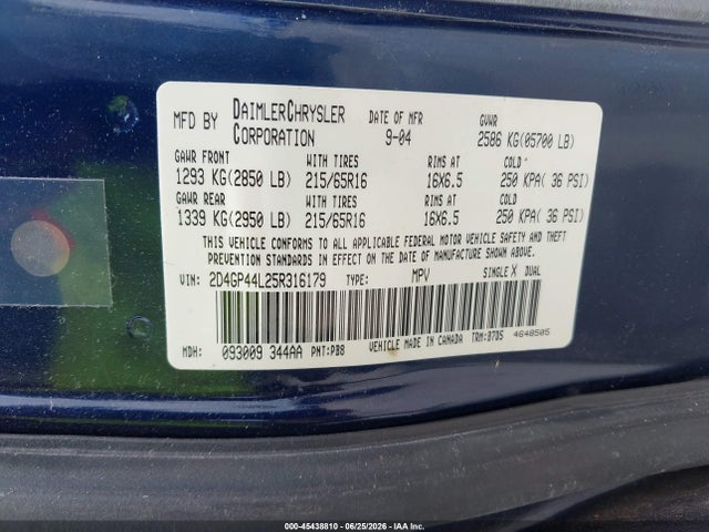 45438810 :رقم المزاد ، 2D4GP44L25R316179 vin ، 2005 Dodge Caravan Sxt مزاد بيع