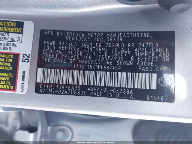 4T1B11HK3KU687452 Toyota CAMRY SE