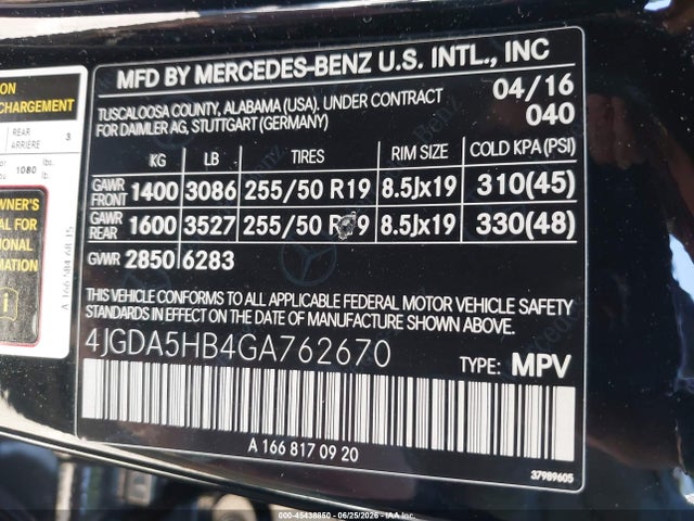 45438850 :رقم المزاد ، 4JGDA5HB4GA762670 vin ، 2016 Mercedes-benz Gle 350 4matic مزاد بيع