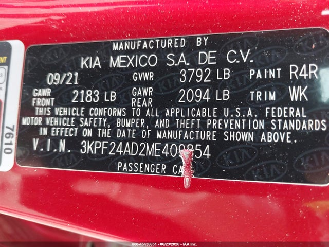 Aukcja sprzedaży 2021 Kia Forte Lxs, vin: 3KPF24AD2ME409854, numer aukcji: 45438851