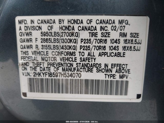 45438858 :رقم المزاد ، 2HKYF18597H534070 vin ، 2007 Honda Pilot Ex-l مزاد بيع