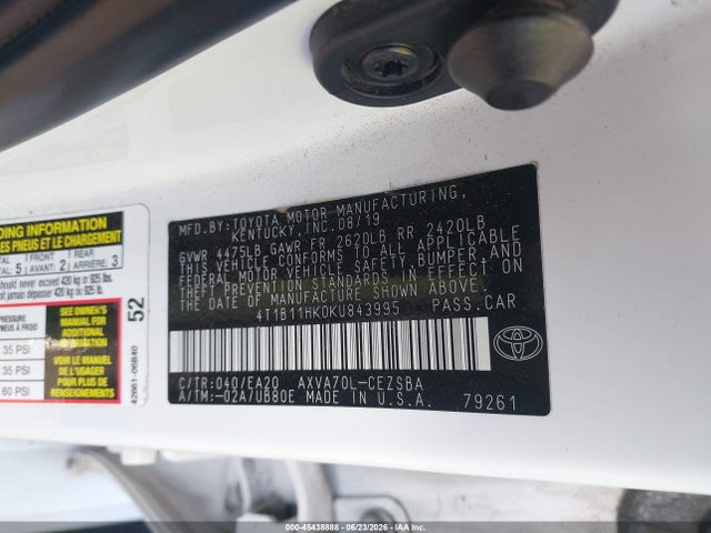 4T1B11HK0KU843995 Toyota CAMRY SE