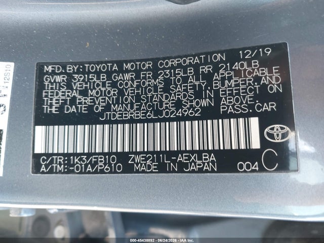 45438892 :رقم المزاد ، JTDEBRBE6LJ024962 vin ، 2020 Toyota Corolla Hybrid Le مزاد بيع
