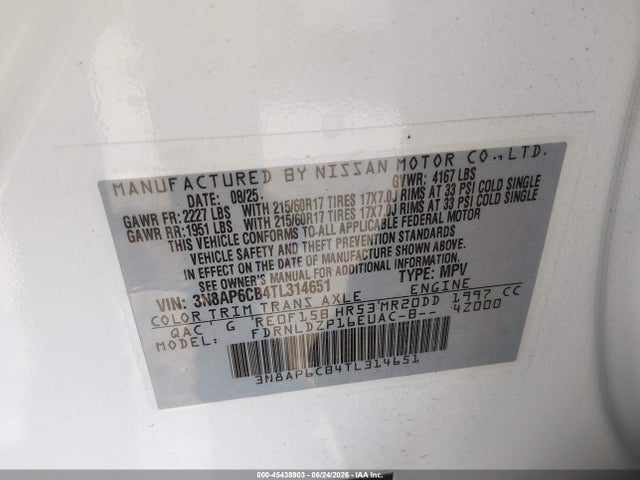 Продажа на аукционе авто 2026 Nissan Kicks Sv, vin: 3N8AP6CB4TL314651, номер лота: 45438903
