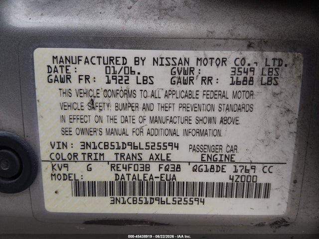 Продажа на аукционе авто 2006 Nissan Sentra 1.8s, vin: 3N1CB51D96L525594, номер лота: 45438919
