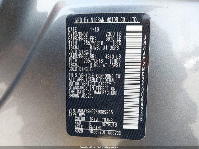 Nissan ARMADA SV 2019 JN8AY2ND2K9089285 Image 9