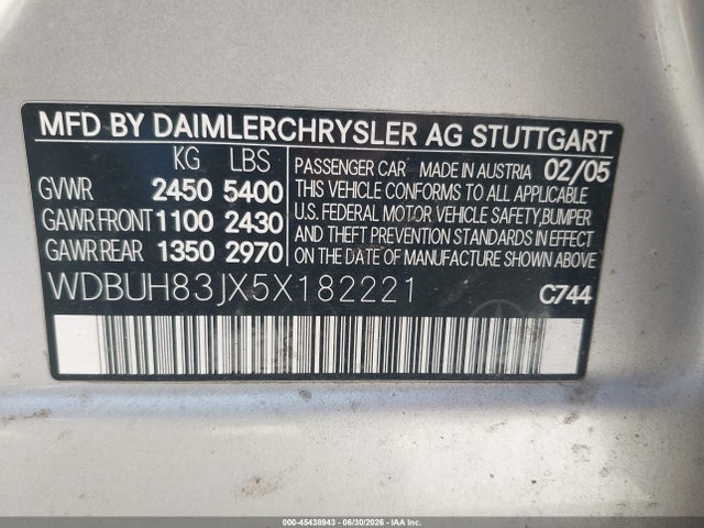 Aukcja sprzedaży 2005 Mercedes-benz E 500 4matic, vin: WDBUH83JX5X182221, numer aukcji: 45438943