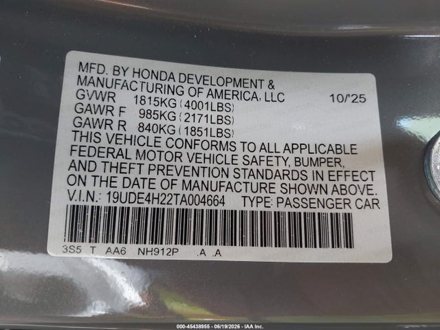 2026 Acura Integra Fwd მანქანა იყიდება აუქციონზე, vin: 19UDE4H22TA004664, აუქციონის ნომერი: 45438955