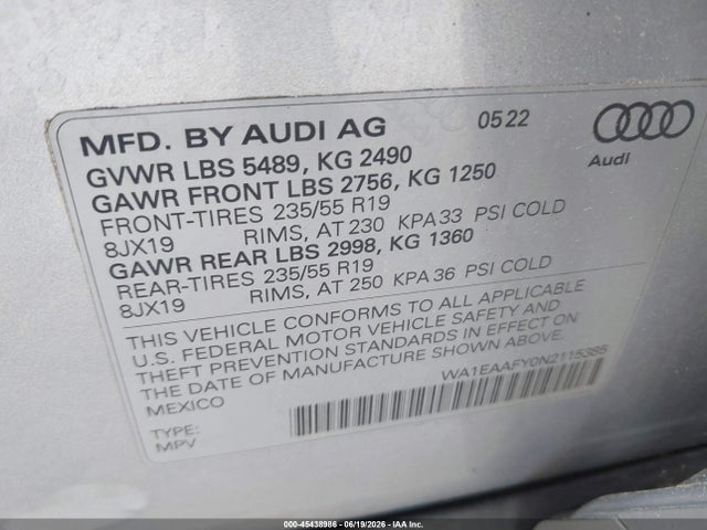 Продаж на аукціоні авто 2022 Audi Q5 Premium Plus 45 Tfsi S Line Quattro S Tronic, vin: WA1EAAFY0N2115385, номер лоту: 45438986