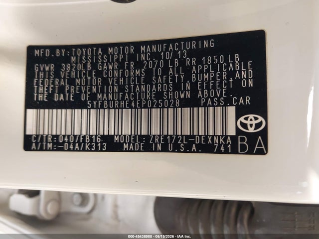Продажа на аукционе авто 2014 Toyota Corolla Le Plus, vin: 5YFBURHE4EP025028, номер лота: 45438988
